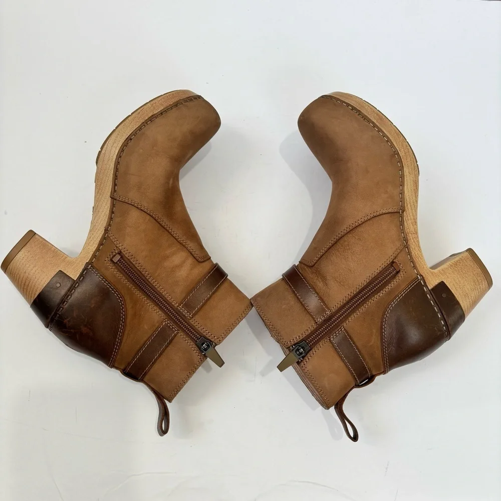 Dansko Anya Biscotti Brown Nude Leather Zip Buckled Platform Ankle Bootie 5.5/36